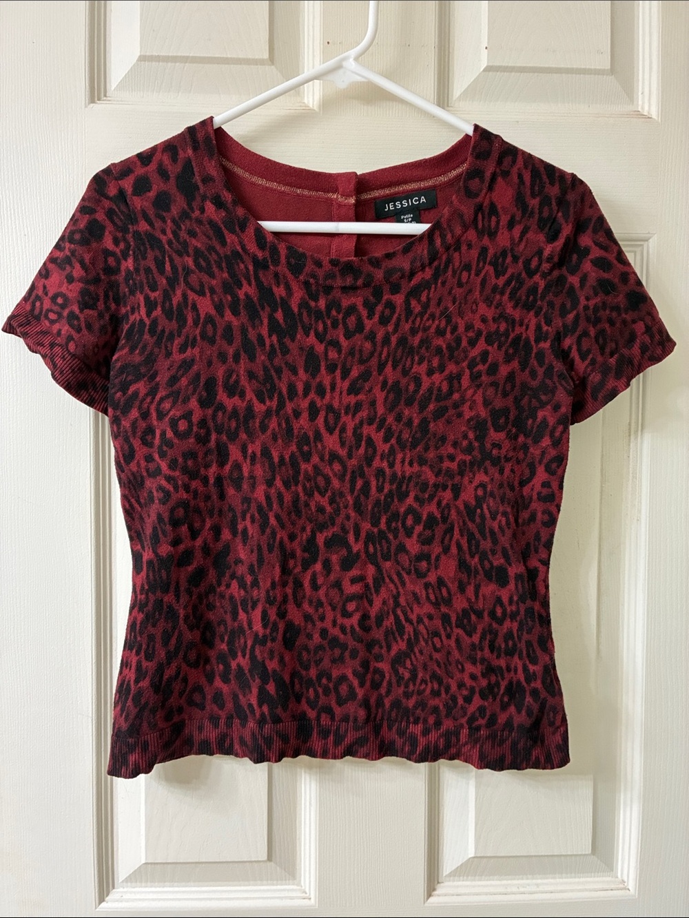 π·3 for $25π·Jessica, US S, Burgundy Leopard Print Short Sleeve Knit Top